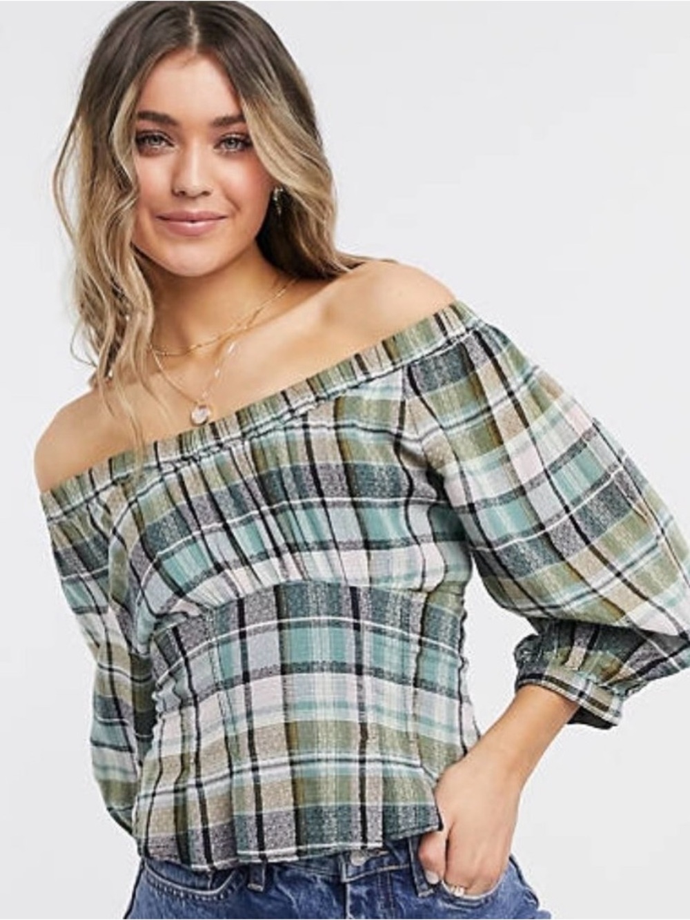Free People Teagan Top L Teal Plaid Cotton Puff Sleeve Off Shoulder Peplum Boho